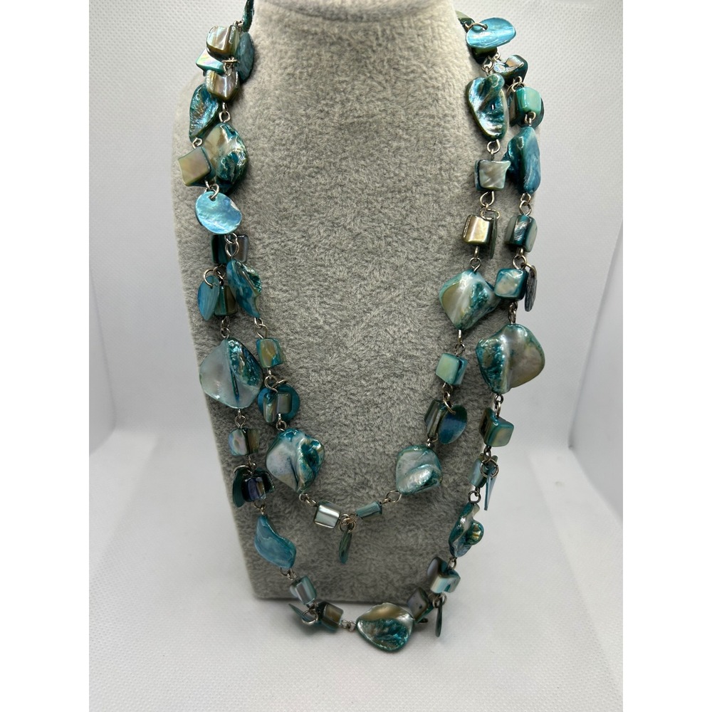Turquoise‎ Dyed Mother of Pearl Shell Multi-Strand Statement Necklace 35"